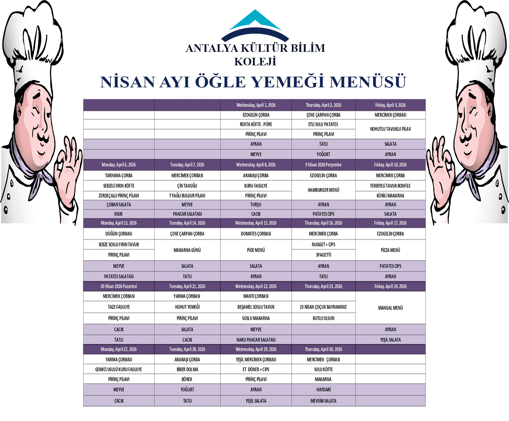 Nisan Ayı Öğle Yemeği Menüsü